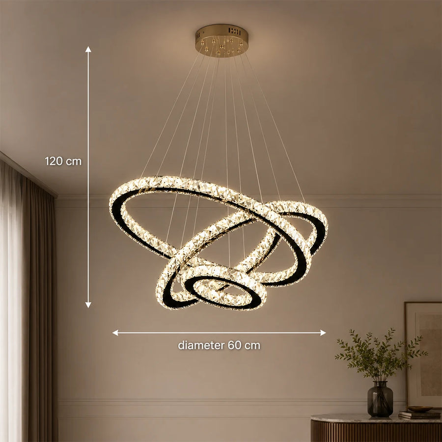 Zawieszany żyrandol LED z pilotem i kryształem PRISM LUMINIS 79W, 3 koła, światło zimne/ciepłe/neutralne, możliwość przyciemniania, chrom, regulowana wysokość - 11_LT029.png