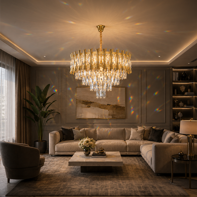 Chandelier kryptalowy Hampton Petito 3xE14, średnica 30 cm, błyszczące złoto, regulowana wysokość