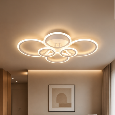 Żyrandol LED z pilotem BETTY 82W, 6 kółek, światło zimne/ciepłe/neutralne, możliwość przyciemniania, biały