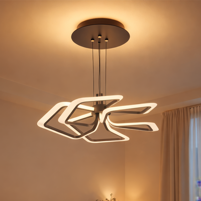 Zawieszany żyrandol LED z pilotem 103W, 5 kwadratów, światło zimne/ciepłe/neutralne, możliwość przyciemniania, czarny