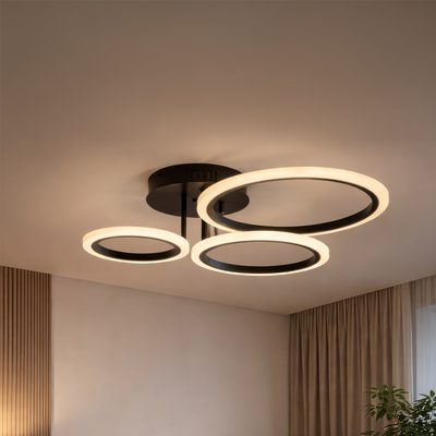 Żyrandol LED z pilotem BETTY 40W, 3 koła, światło zimne/ciepłe/neutralne, możliwość przyciemniania, czarny