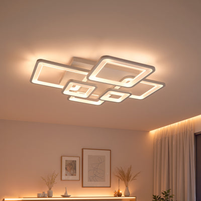 Żyrandol LED z pilotem ELLA 119W, 6 kwadratów, światło zimne/ciepłe/neutralne, możliwość przyciemniania, biały, metal i akryl