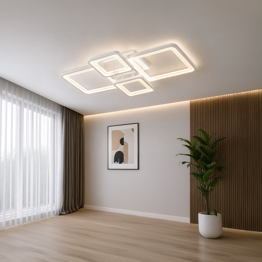 Żyrandol LED z pilotem ELLA 67W, 4 kwadraty, światło zimne/ciepłe/neutralne, możliwość przyciemniania, biały Żyrandol LED z pilotem Domyślny tytuł Alessandro Design