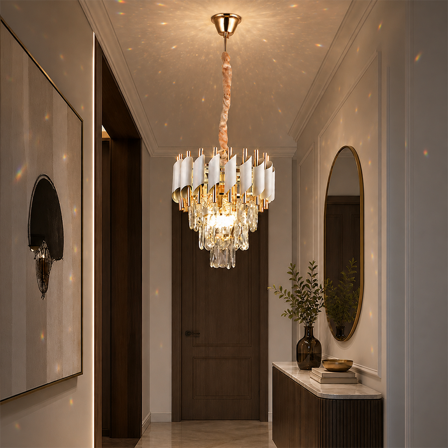 Żyrandol kryształowy VERSAILLES Petito 3xE14, średnica 30cm, błyszczące złoto i biel, regulowana wysokość, metalowe i kryształowe żyrandole kryształowe Domyślny tytuł Alessandro Design