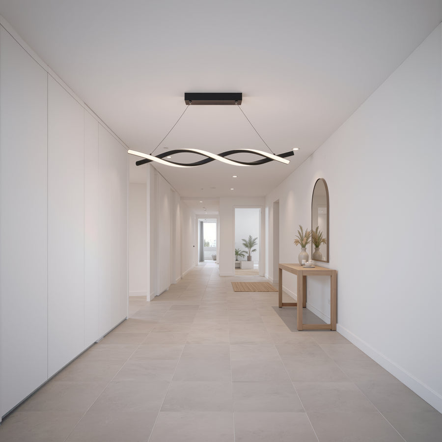 Zawieszany żyrandol LED z pilotem, FLUX, 27W, 116cm, światło zimne/ciepłe/neutralne 3000K/4000K/6000K, możliwość przyciemniania, czarny, regulowana wysokość, metalowe i silikonowe nowoczesne żyrandole Domyślny tytuł Alessandro Design
