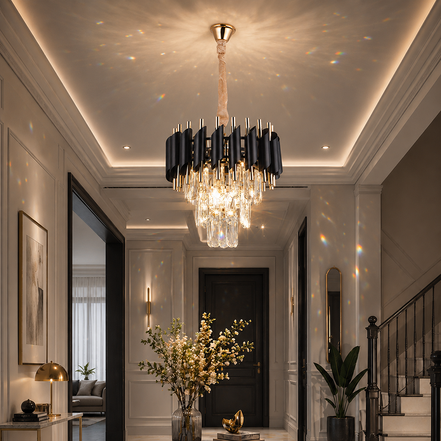 Żyrandol kryształowy VERSAILLES Petito 3xE14, średnica 30cm, błyszczące złoto i czerń, regulowana wysokość Żyrandol kryształowy Domyślny tytuł Alessandro Design