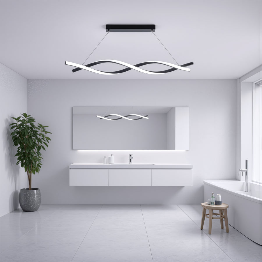 Zawieszany żyrandol LED z pilotem, FLUX, 27W, 116cm, światło zimne/ciepłe/neutralne 3000K/4000K/6000K, możliwość przyciemniania, czarny, regulowana wysokość, metalowe i silikonowe nowoczesne żyrandole Domyślny tytuł Alessandro Design