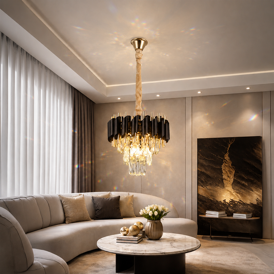 Żyrandol kryształowy VERSAILLES Petito 3xE14, średnica 30cm, błyszczące złoto i czerń, regulowana wysokość Żyrandol kryształowy Domyślny tytuł Alessandro Design