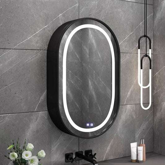 Lustro LED z szafką, owalne, 50x80cm, odmgławianie, światło zimne/ciepłe/neutralne, czarna ramka, lusterka w szafkach z miejscem do przechowywania Domyślny tytuł Alessandro Design