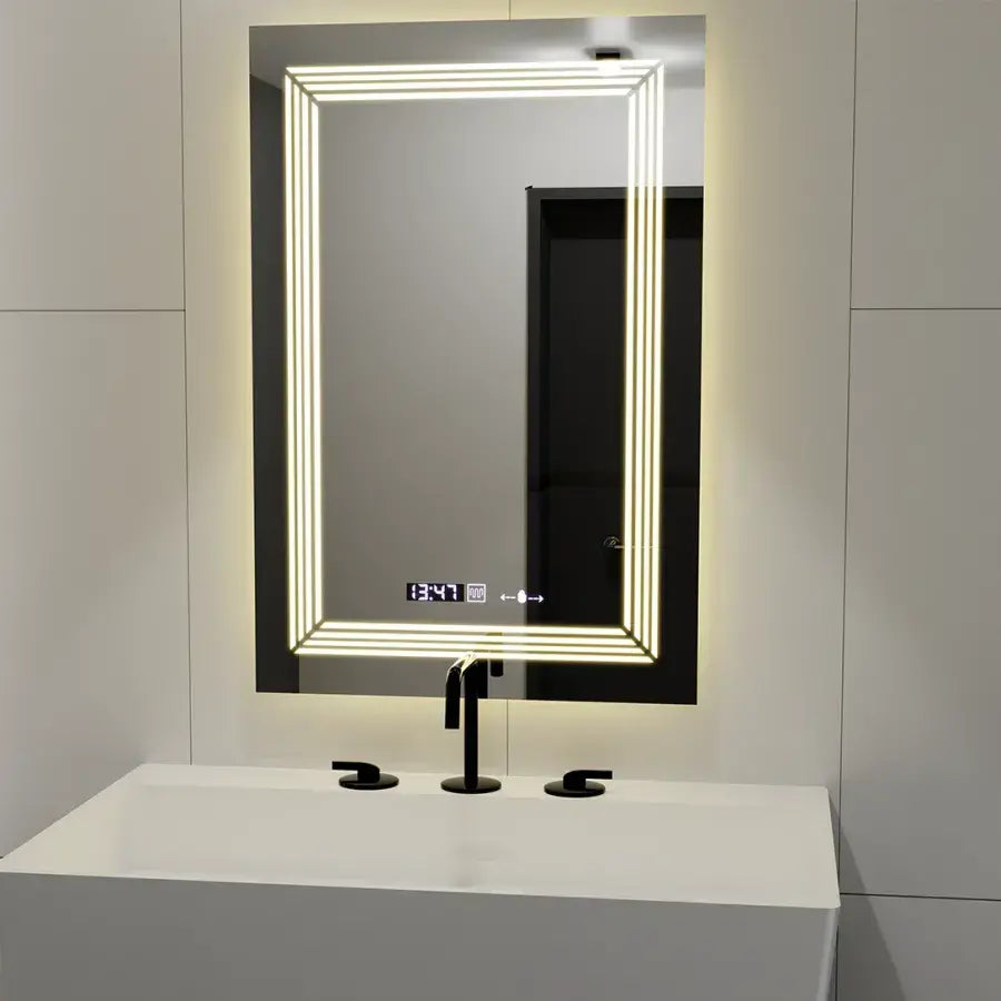 Prostokątne lustro LED, 60x80cm, czujnik światła Venezia Marcello, system przeciwmgielny, zegar i termometr, możliwość przyciemniania, ciepłe, neutralne, zimne światło 3000K/4000K/6000K Marcello Mirrors Domyślny tytuł Alessandro Design