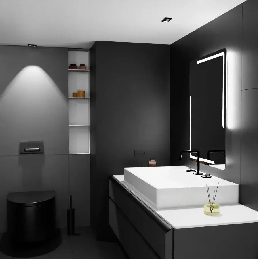 Prostokątne lustro LED, 60x80 cm, Rayonnement MotionGlow Marcello, system odmgławiania, zegar i termometr, przyciemniane lustra Marcello Domyślny tytuł Alessandro Design