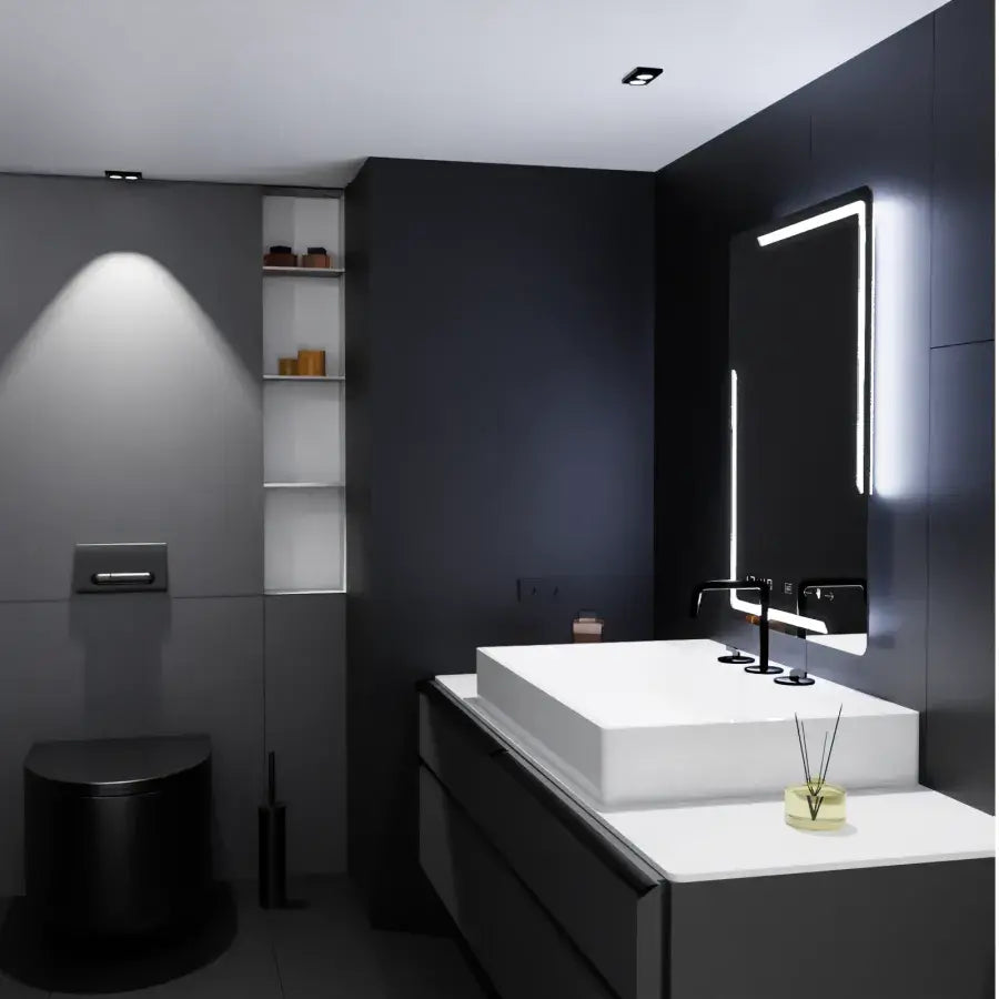 Prostokątne lustro LED, 60x80 cm, Rayonnement MotionGlow Marcello, system odmgławiania, zegar i termometr, przyciemniane lustra Marcello Domyślny tytuł Alessandro Design