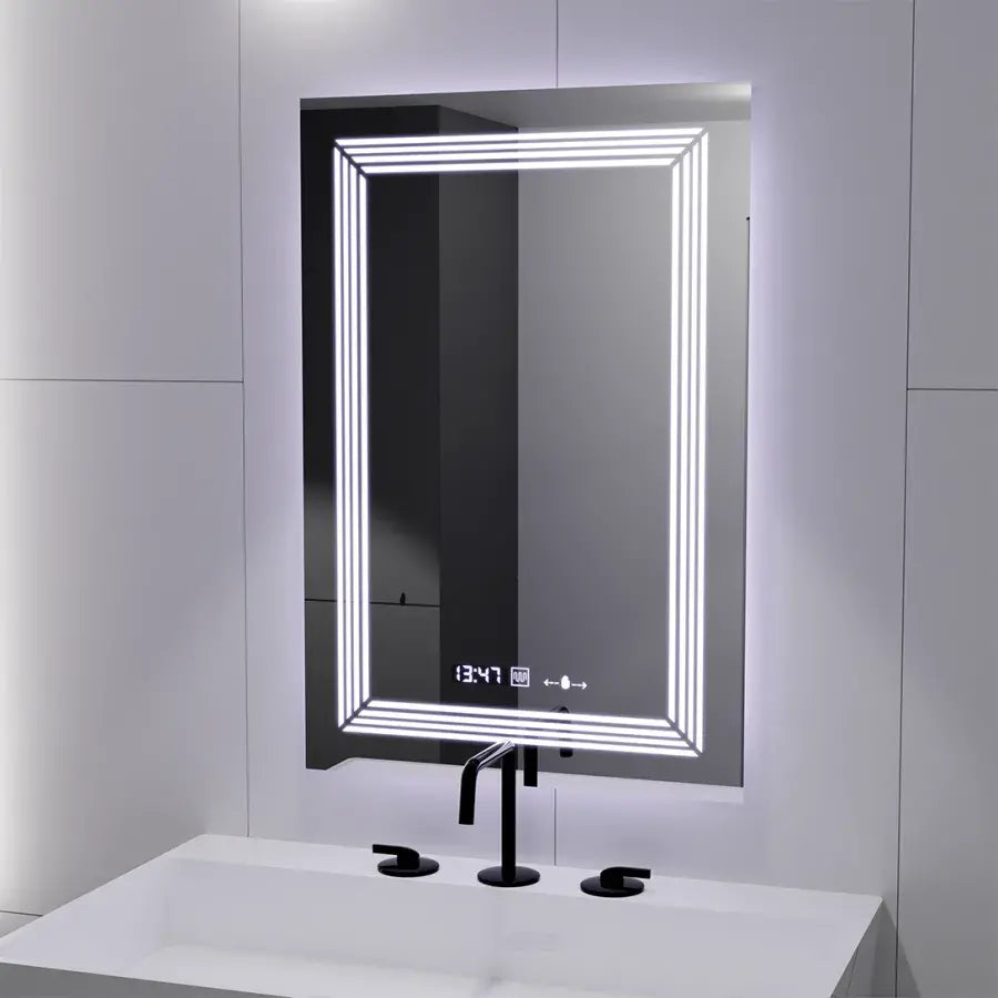 Prostokątne lustro LED, 60x80cm, czujnik światła Venezia Marcello, system przeciwmgielny, zegar i termometr, możliwość przyciemniania, ciepłe, neutralne, zimne światło 3000K/4000K/6000K Marcello Mirrors Domyślny tytuł Alessandro Design