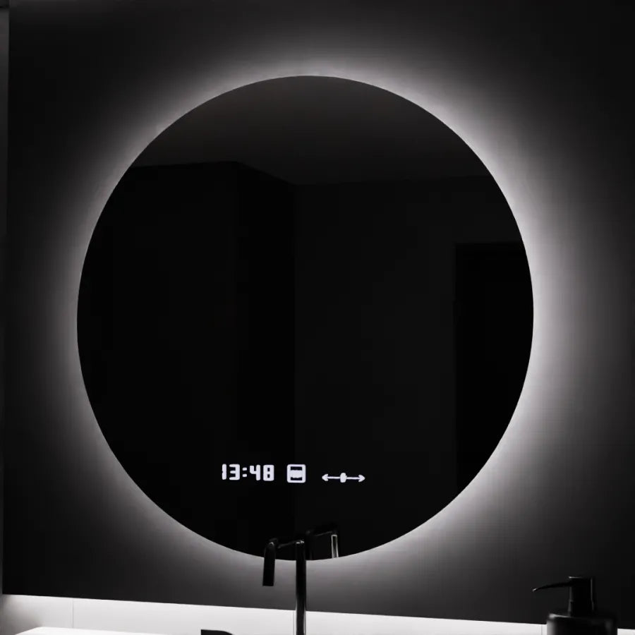 Okrągłe lustro LED, 80 cm, Serenite MotionGlow Marcello, system przeciwmgielny, zegar i termometr, przyciemniane lustra Marcello Domyślny tytuł Alessandro Design
