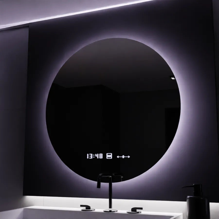 Okrągłe lustro LED, 80 cm, Serenite MotionGlow Marcello, system przeciwmgielny, zegar i termometr, przyciemniane lustra Marcello Domyślny tytuł Alessandro Design