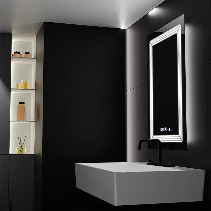 Prostokątne lustro LED, 60x80cm, czujnik światła Venezia Marcello, system przeciwmgielny, zegar i termometr, możliwość przyciemniania, ciepłe, neutralne, zimne światło 3000K/4000K/6000K Marcello Mirrors Domyślny tytuł Alessandro Design