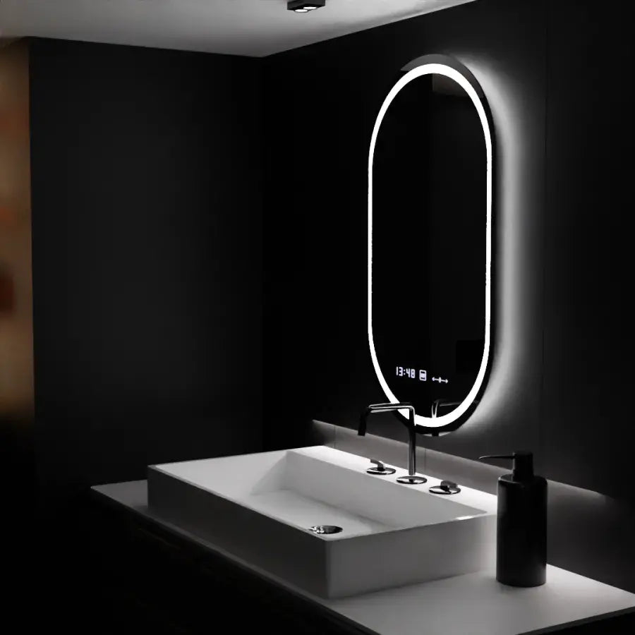 Owalne lustro LED, 60x80 cm, Eminence MotionGlow Marcello, system usuwania zamglenia, zegar i termometr, przyciemniane lustra Marcello Tytuł domyślny Alessandro Design