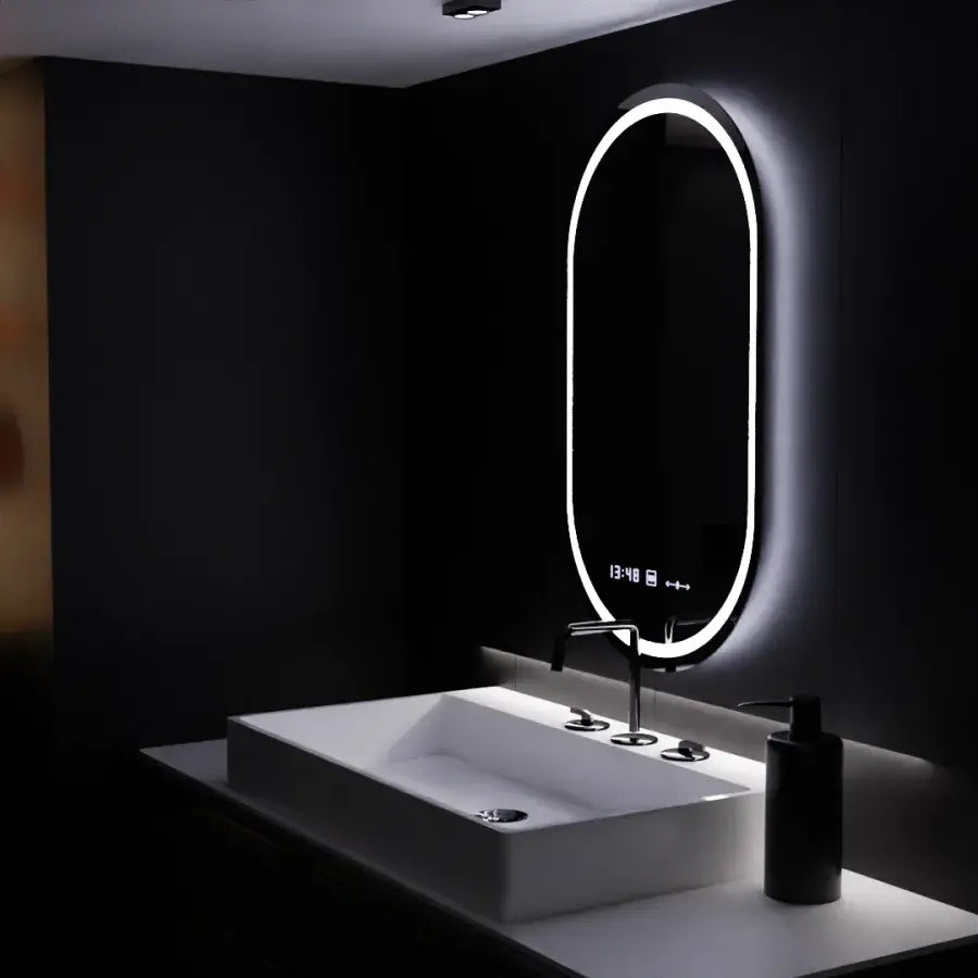 Owalne lustro LED, 60x80 cm, Eminence MotionGlow Marcello, system usuwania zamglenia, zegar i termometr, przyciemniane lustra Marcello Tytuł domyślny Alessandro Design