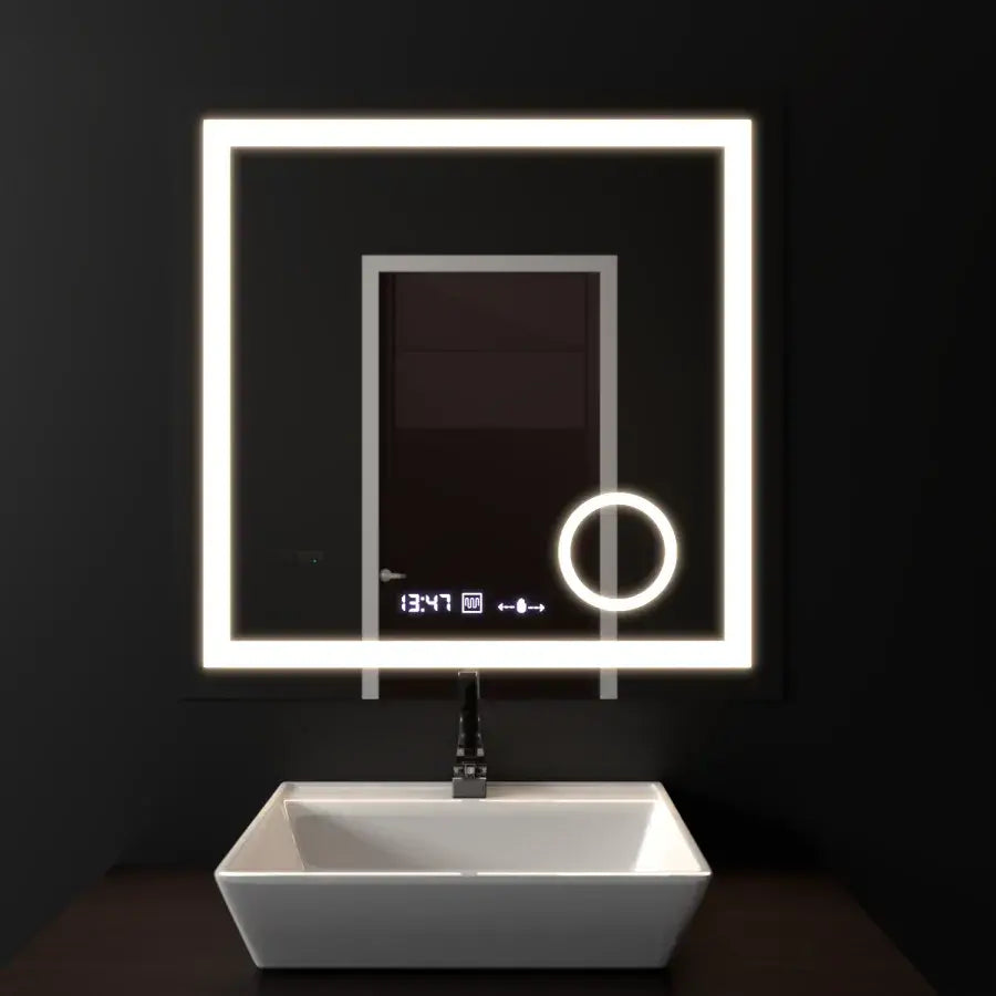 Prostokątne lustro LED, 60x60 cm, Souverain MotionGlow Marcello, system usuwania zamglenia, zegar i termometr, lupa kosmetyczna, przyciemniane lustra Marcello Domyślny tytuł Alessandro Design