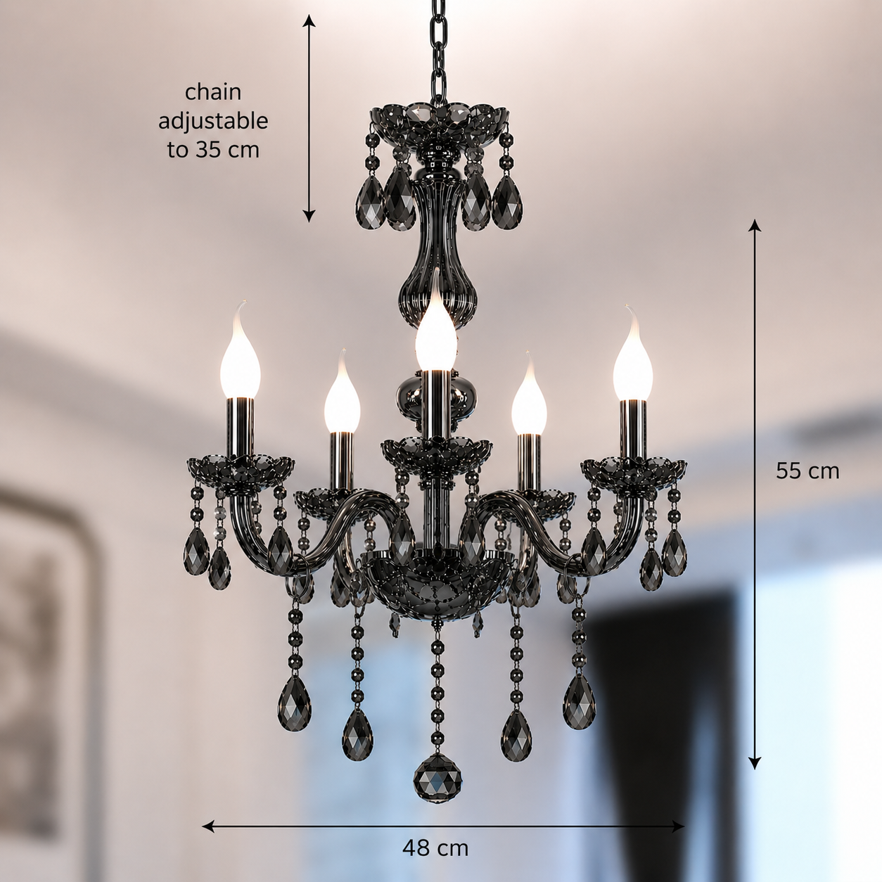 Żyrandol kryształowy ALNWICK Eleganza, 5xE14, średnica 48cm, czarny, regulowana wysokość Żyrandole klasyczne Domyślny tytuł Alessandro Design