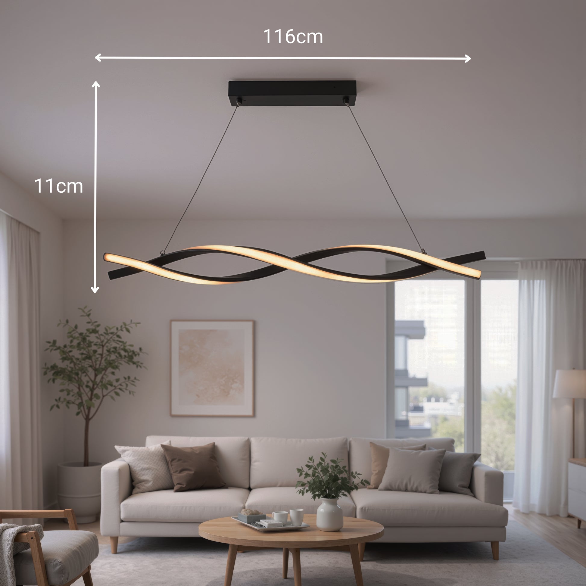 Zawieszany żyrandol LED z pilotem, FLUX, 27W, 116cm, światło zimne/ciepłe/neutralne 3000K/4000K/6000K, możliwość przyciemniania, czarny, regulowana wysokość, metalowe i silikonowe nowoczesne żyrandole Domyślny tytuł Alessandro Design