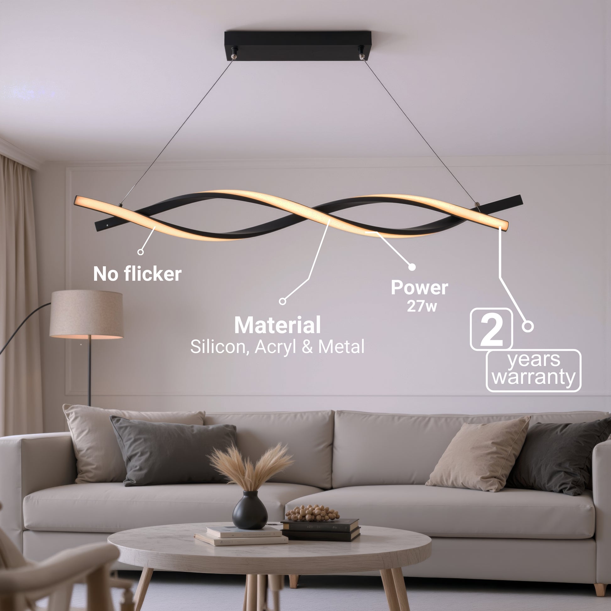 Zawieszany żyrandol LED z pilotem, FLUX, 27W, 116cm, światło zimne/ciepłe/neutralne 3000K/4000K/6000K, możliwość przyciemniania, czarny, regulowana wysokość, metalowe i silikonowe nowoczesne żyrandole Domyślny tytuł Alessandro Design