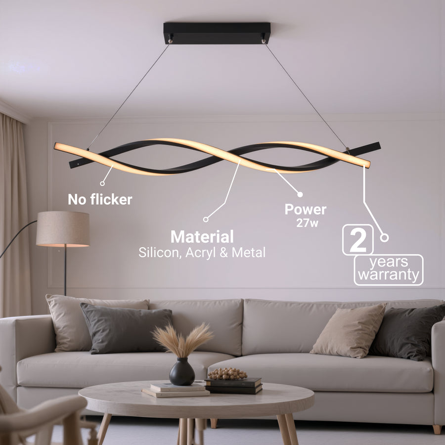 Zawieszany żyrandol LED z pilotem, FLUX, 27W, 116cm, światło zimne/ciepłe/neutralne 3000K/4000K/6000K, możliwość przyciemniania, czarny, regulowana wysokość, metalowe i silikonowe nowoczesne żyrandole Domyślny tytuł Alessandro Design