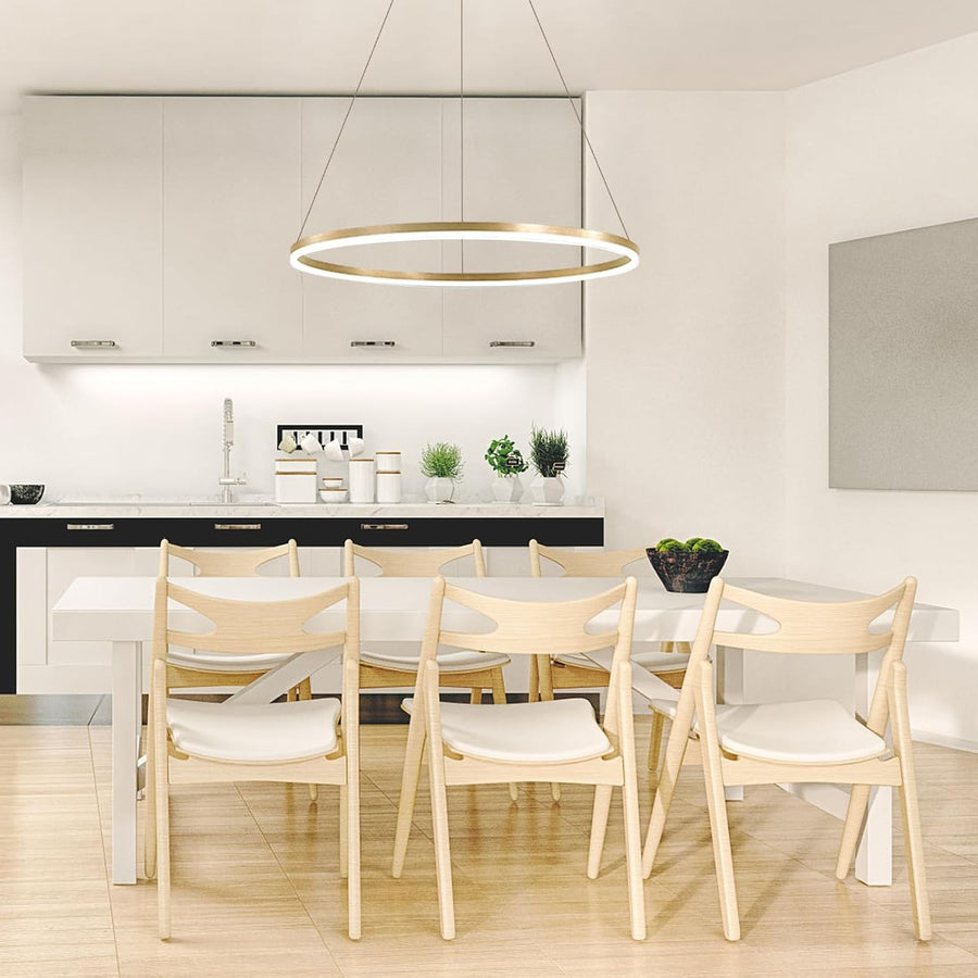 Zawieszany żyrandol LED, ANINA, 34W, 1 okrąg, średnica 50cm, światło zimne/ciepłe/neutralne 3000K/4000K/6000K, możliwość przyciemniania, błyszcząca złota biel, regulowana wysokość, metalowe i akrylowe żyrandole LED z pilotem Domyślny tytuł Alessandro Design