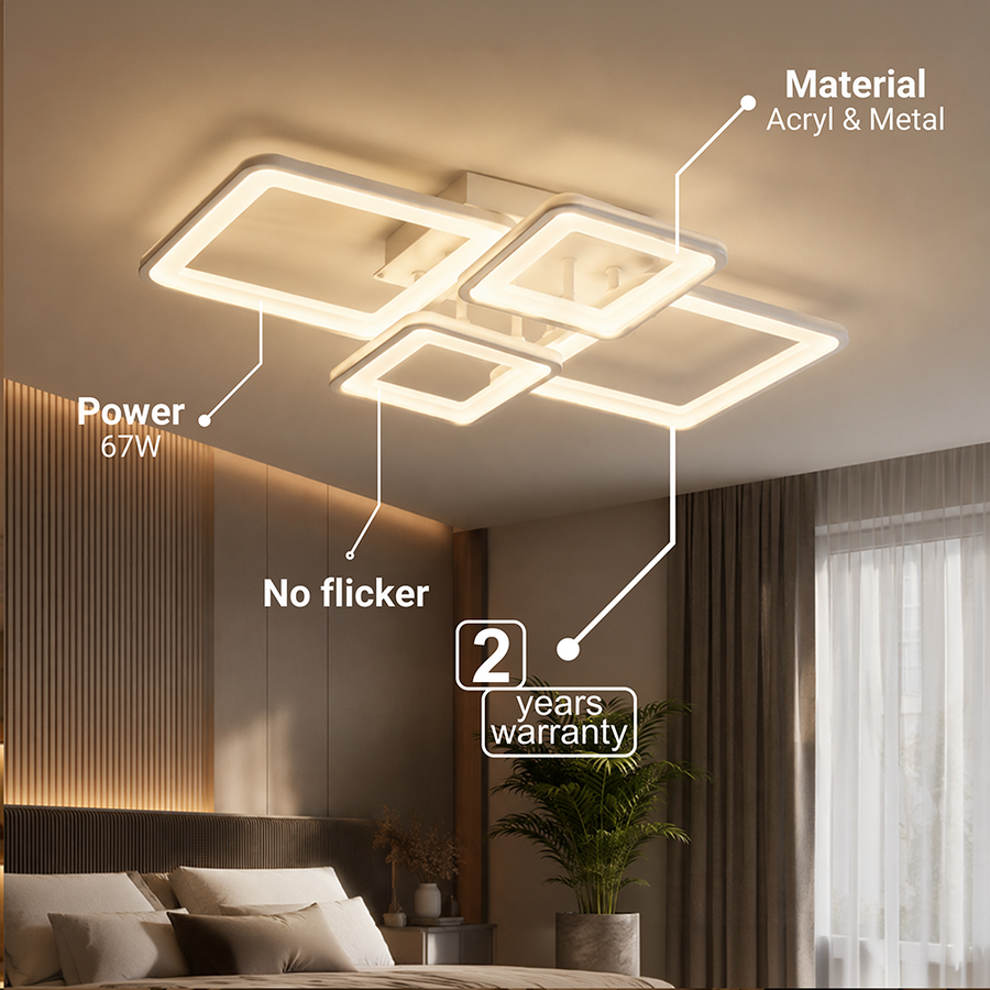 Żyrandol LED z pilotem ELLA 67W, 4 kwadraty, światło zimne/ciepłe/neutralne, możliwość przyciemniania, biały Żyrandol LED z pilotem Domyślny tytuł Alessandro Design
