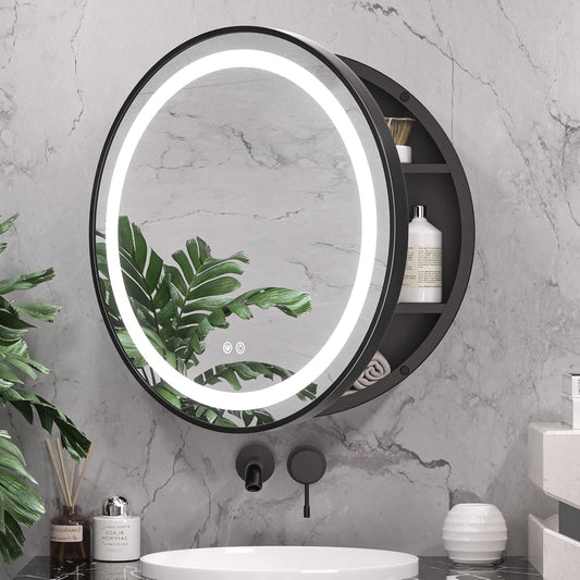 Lustro LED z szafką, okrągłe, 10 W, 50x50 cm, odmgławianie, czarna ramka, przestrzeń do przechowywania Lustra w szafkach Domyślny tytuł Alessandro Design