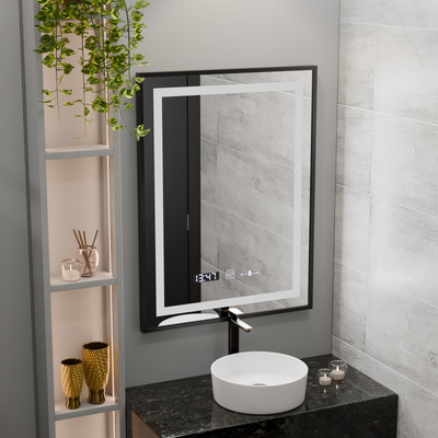 Prostokątne lustro LED, 60x80cm, Verite Majeste Noir Motion Glow Marcello, system odmgławiania, zegar i termometr, możliwość przyciemniania