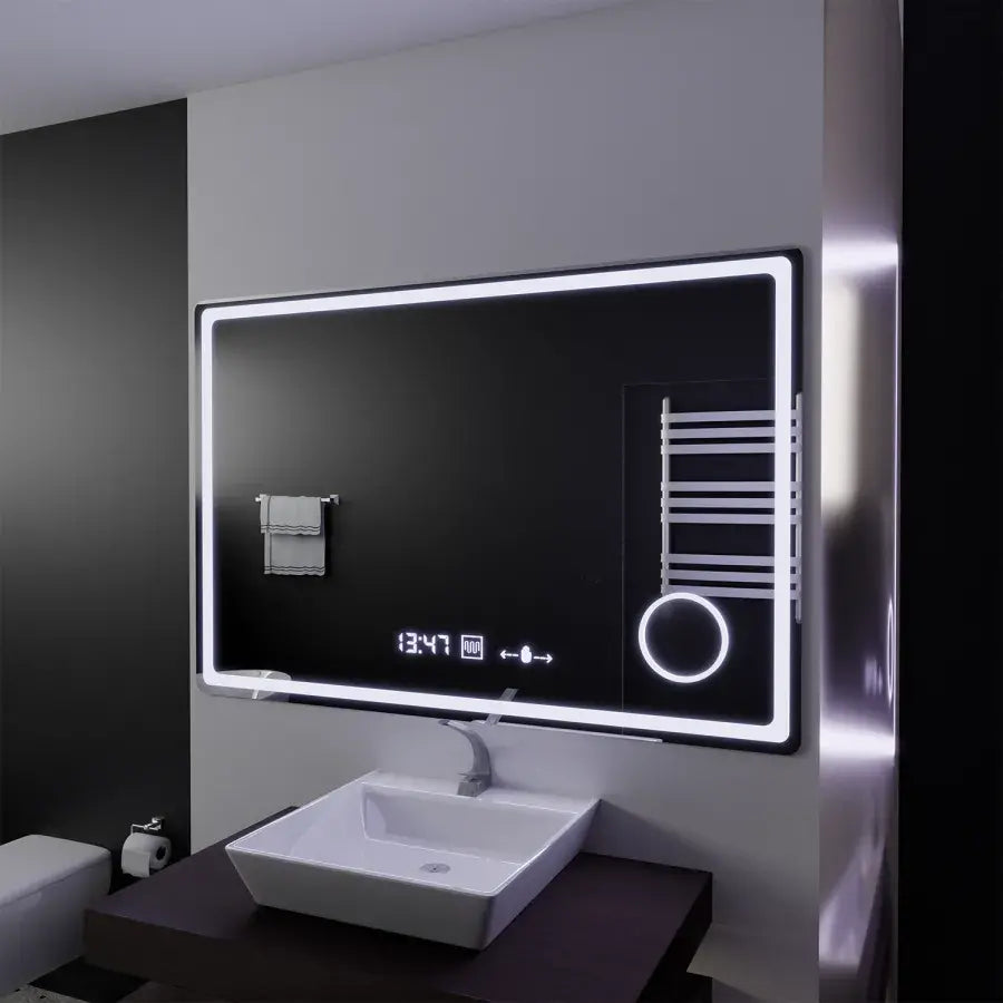 Prostokątne lustro LED, 120x80 cm, Souverain MotionGlow Marcello, system usuwania zamglenia, zegar i termometr, lupa kosmetyczna, przyciemniane lustra Marcello Domyślny tytuł Alessandro Design