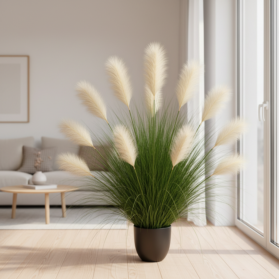 Planta Artificială Iarbă Ornamentală, 137 cm, 11 tulpini, Stuf si Iarba, Verde deschis si Alb, Fara Ghiveci