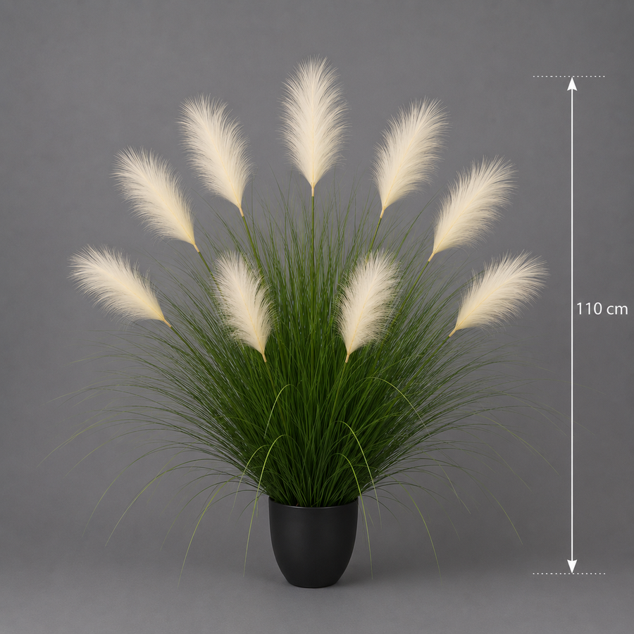 Planta Artificială Iarbă Ornamentală, 110 cm, 9 tulpini, Stuf și Iarbă, Verde deschis și alb, Fără Ghiveci
