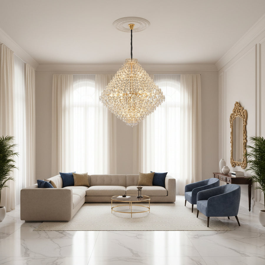 Candelabru Cristal KONIG Grande Supremo, 54xE14, D150 cm, Auriu, Inaltime Reglabila, Metal si Cristal
