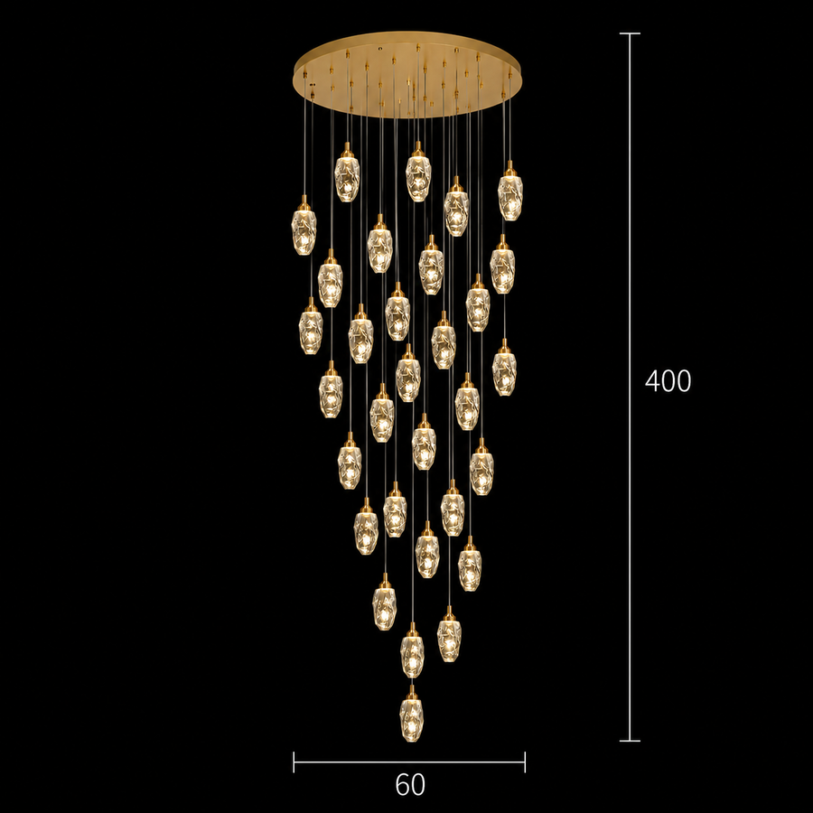 Zawieszany kryształowy żyrandol LED, Justynian, średnica 60 cm, regulowana wysokość, złoty, metal i kryształ