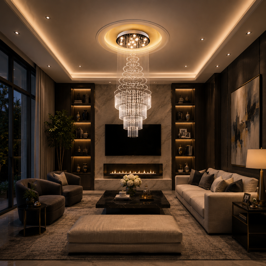 Żyrandol Kryształowy LED 80W AUGUSTA Złoty, średnica 50cm, wysokość 200cm, model drabinkowy