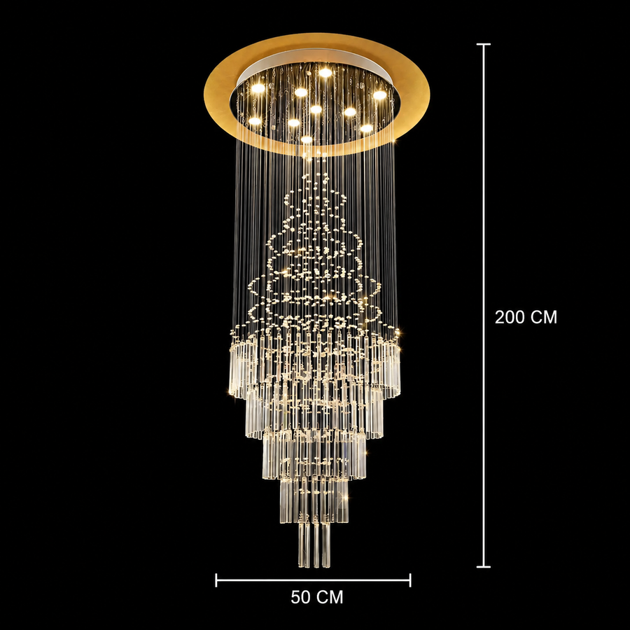 Żyrandol Kryształowy LED 80W AUGUSTA Złoty, średnica 50cm, wysokość 200cm, model drabinkowy
