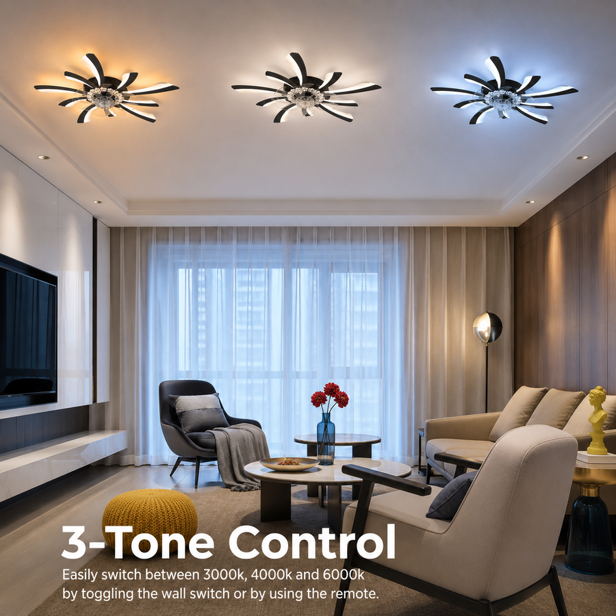 Żyrandol LED z wentylatorem VIRTULA z pilotem, 29 W, śr. 77 cm, światło zimne/neutralne/ciepłe, metal i plastik, czarny