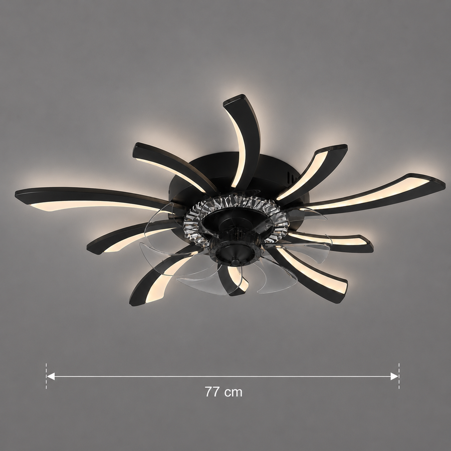 Żyrandol LED z wentylatorem VIRTULA z pilotem, 29 W, śr. 77 cm, światło zimne/neutralne/ciepłe, metal i plastik, czarny