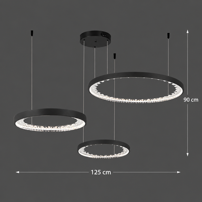 Zawieszany żyrandol LED z pilotem, kryształy K9, 117 W, 3 koła, światło zimne/ciepłe/neutralne, możliwość przyciemniania, czarny, regulacja wysokości