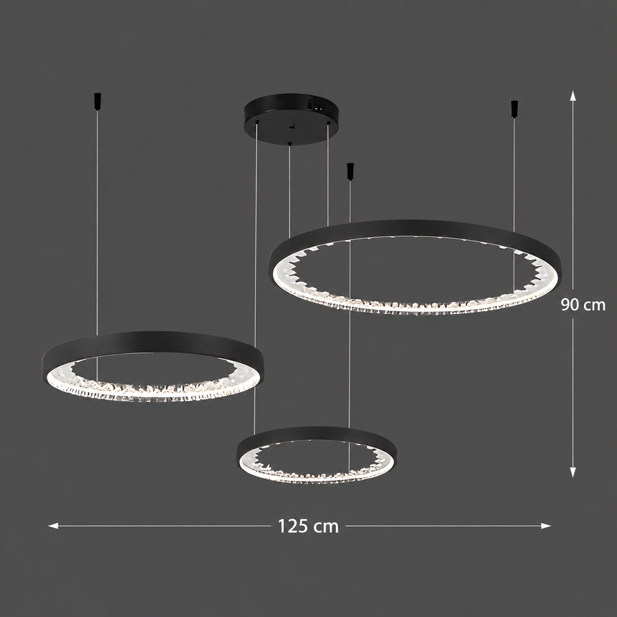 Zawieszany żyrandol LED z pilotem, kryształy K9, 117 W, 3 koła, światło zimne/ciepłe/neutralne, możliwość przyciemniania, czarny, regulacja wysokości