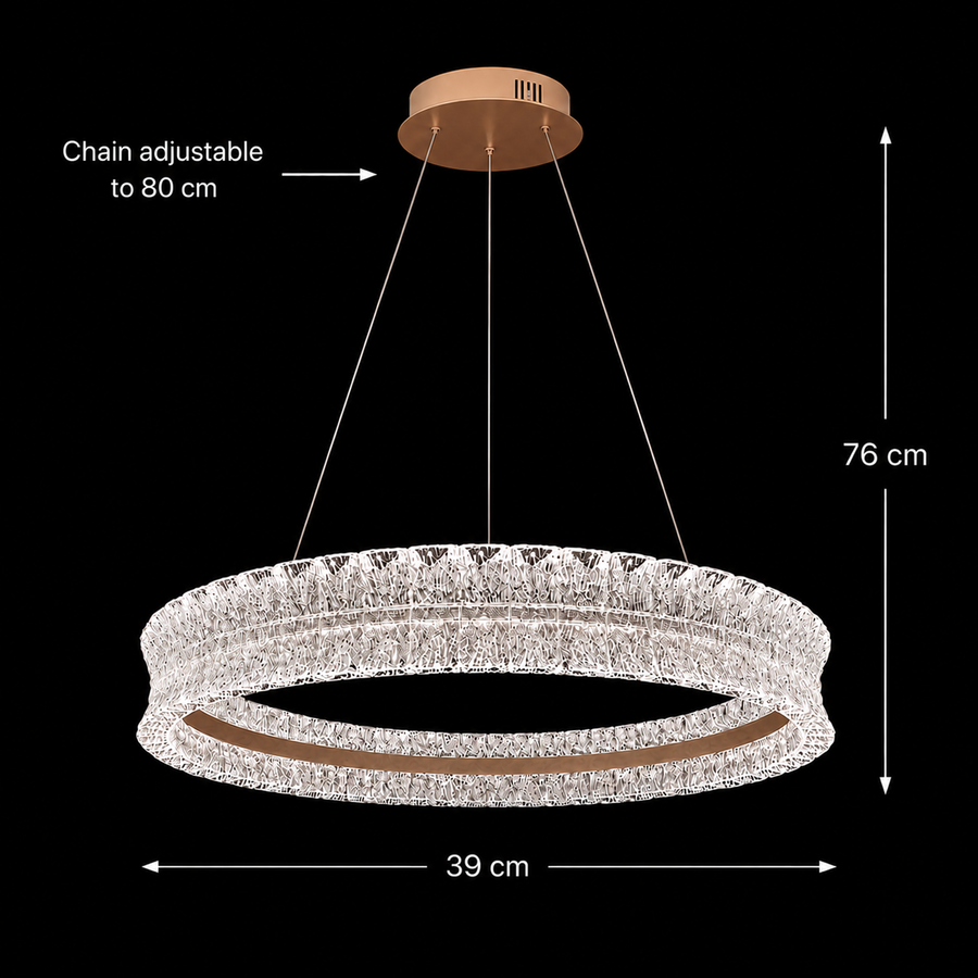 Lustra LED Cristal cu telecomanda, 49W, Lumina Calda/Neutra/Rece, Φ40 cm, Inaltime Reglabila, Metal si Cristal, Auriu