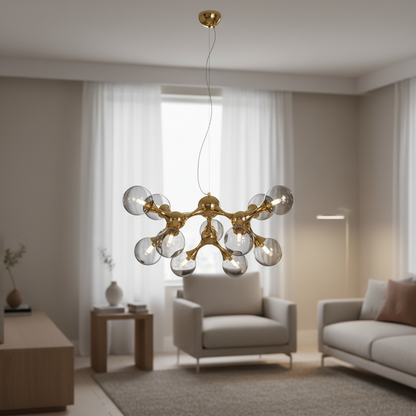 Zawieszany żyrandol ELEKTRA Altiera, Ø65cm, 9xG9, złoto, metal i szkło