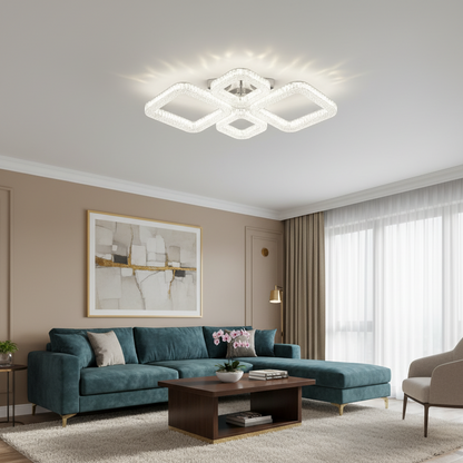 Żyrandol LED MOND Elegance z pilotem i kryształem, 72W, 4 kwadraty, światło zimne/ciepłe/neutralne, możliwość przyciemniania, biały