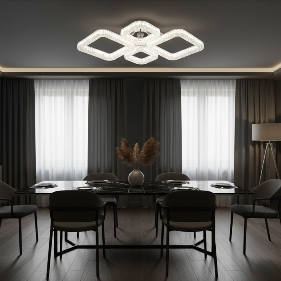 Żyrandol LED MOND Elegance z pilotem i kryształem, 72W, 4 kwadraty, światło zimne/ciepłe/neutralne, możliwość przyciemniania, biały