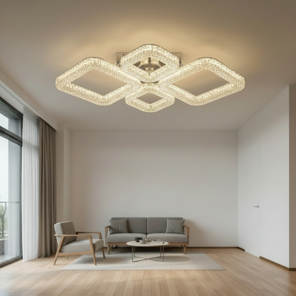 Żyrandol LED MOND Elegance z pilotem i kryształem, 72W, 4 kwadraty, światło zimne/ciepłe/neutralne, możliwość przyciemniania, biały