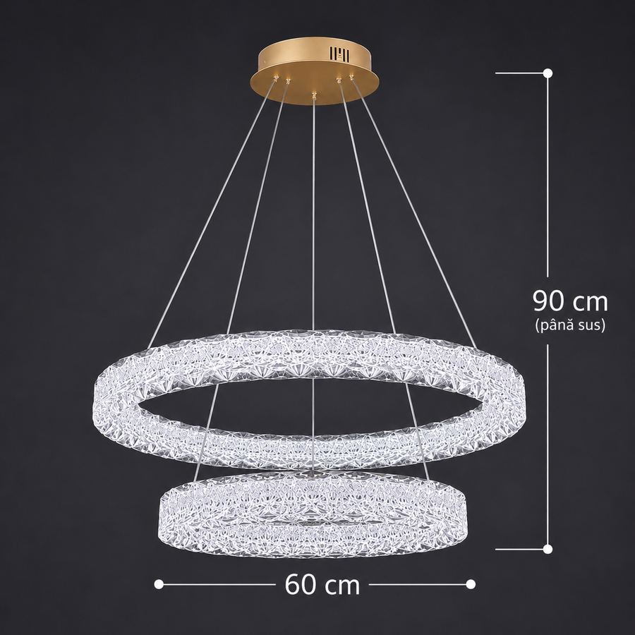 Lustra LED SHELP Cristal cu telecomanda, 64W, Lumina Calda/Neutra/Rece, Φ60 cm, Inaltime Reglabila, Metal si Cristal, Auriu