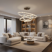 Żyrandol LED z pilotem PRISM Luminis, kryształ i metal, 210 W, 4 kółka, możliwość przyciemniania, światło zimne/ciepłe/neutralne, luksusowe oświetlenie