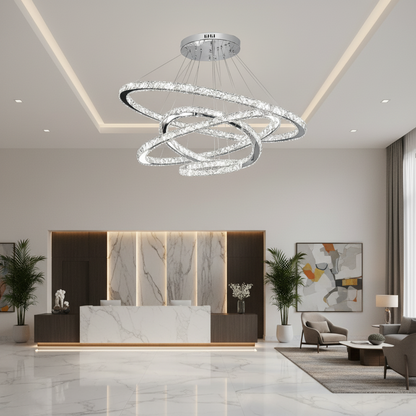 Żyrandol LED z pilotem PRISM Luminis, kryształ i metal, 210 W, 4 kółka, możliwość przyciemniania, światło zimne/ciepłe/neutralne, luksusowe oświetlenie